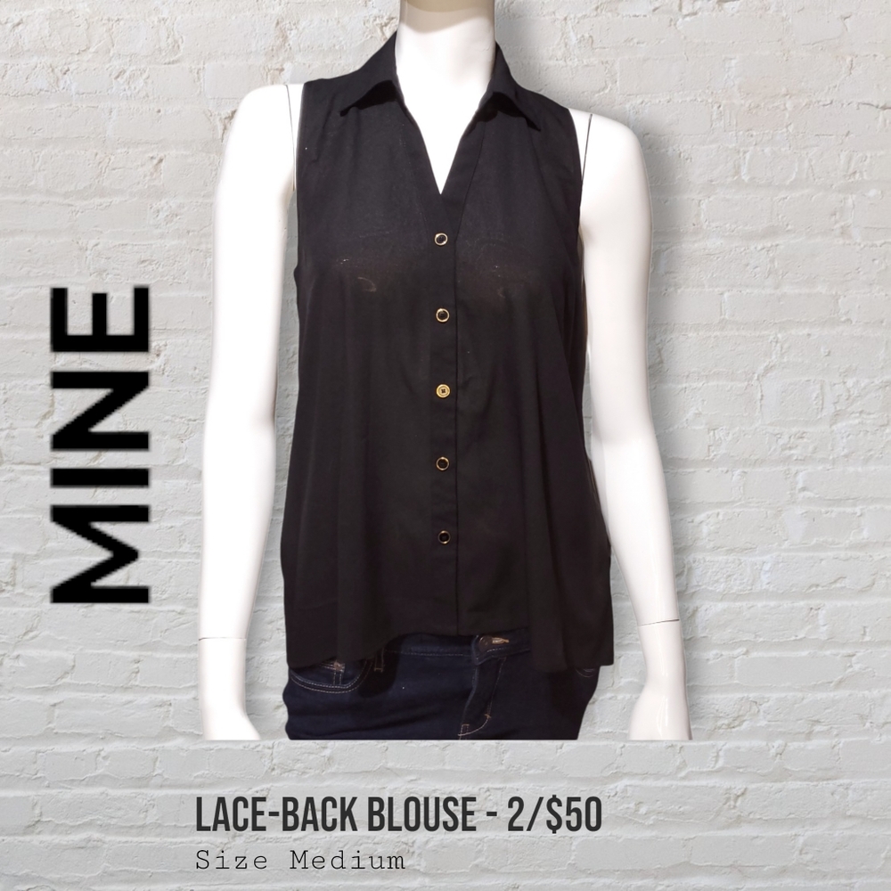 Mine Sleeveless Black Floral Lace Blouse Gold Buttons Women's Medium